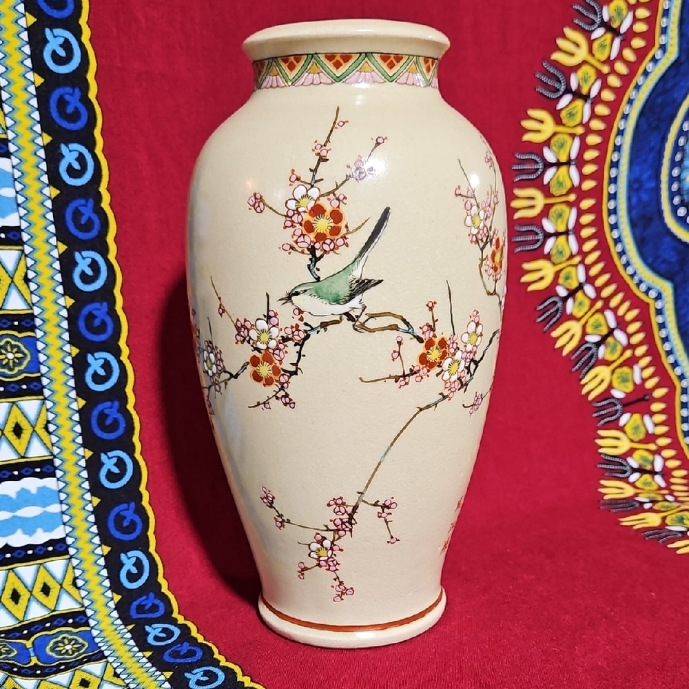 VTG Japanese Shinkozan Satsuma Handpainted Crackle Glaze Vase Birds/Blossoms #2